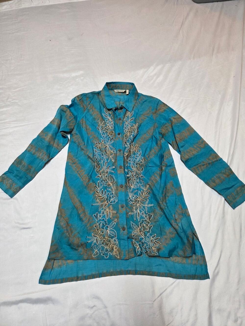 Soft Surroundings Turquoise and Brown Embroidered Button-Down Tunic